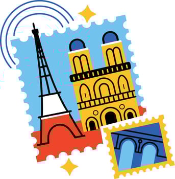 Paris stamps with famous french landmarks, flat sticker vector