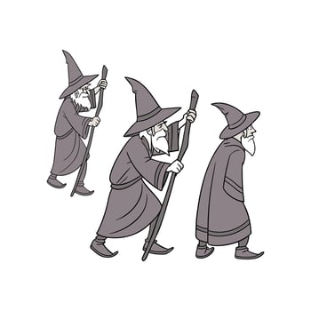 Three wizard characters with staffs and hats vector