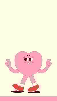 Vertical stories template with walking heart character in trendy retro groovy style. Social media post with psychedelic mascot. illustration with copy space vector
