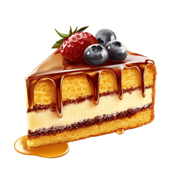 A slice of cake with berries and syrup png