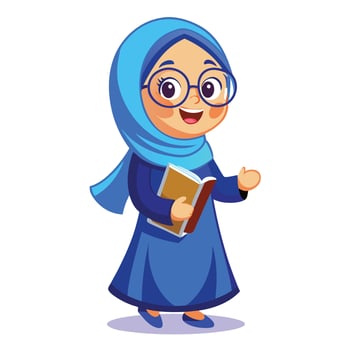 muslim girl in blue hijab and glasses holding a book vector