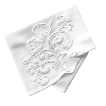 A white napkin with floral designs on it png