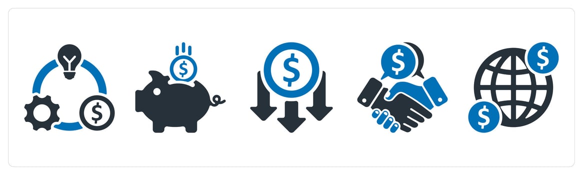 A set of 5 business icons as business model, lower cost, business deal vector