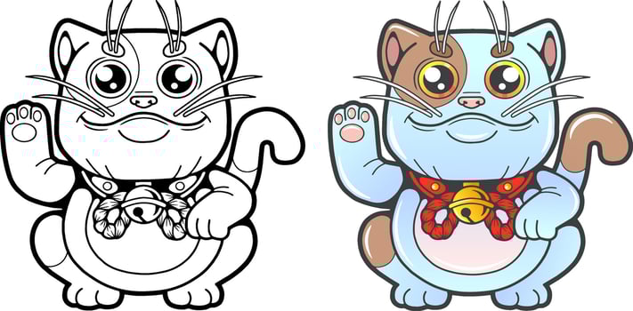 Cute asian cat, coloring book illustration vector
