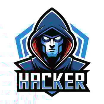 the hacker logo, with a blue hoodie and red eyes vector