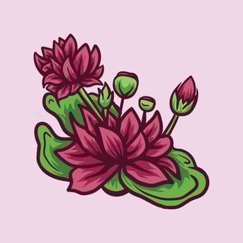Illustration of Vibrant Red Lotus Flowers with Green Leaves vector