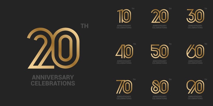 Set of anniversary logo design. Symbols of celebration 10, 20, 30, 40, 50, 60, 70, 80, 90 years. Numbers on a black background. vector