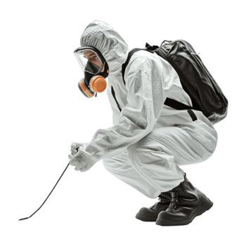 Man in White Protective Suit and Mask Spraying a Bug png