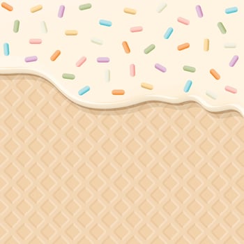 Melted vanilla ice cream with colorful sprinkles sugar topping pouring on ice cream cone texture square background graphic illustration. vector