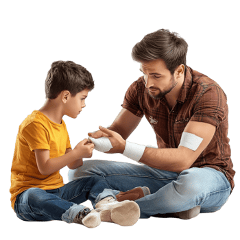 Man and Boy Sitting on the Floor with Bandages on Their Hands png