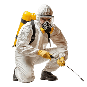 Man in Protective Suit and Gas Mask Holding a Sprayer png