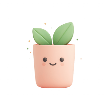 A cute, smiling plant with green leaves in a pink pot, radiating joy and positivity. png