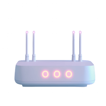 A modern wireless router with LED indicators, ideal for digital connectivity. png