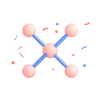Stylized molecular structure illustration with colorful elements surrounding it. png