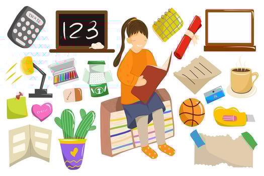Set of school supplies isolated include girl student character reading a book and school equipment stuff. vector