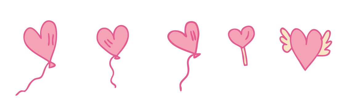 Valentine's Day elements collection with heart shaped flying balloons. Retro style design. Hand drawn isolated doodle illustration. vector