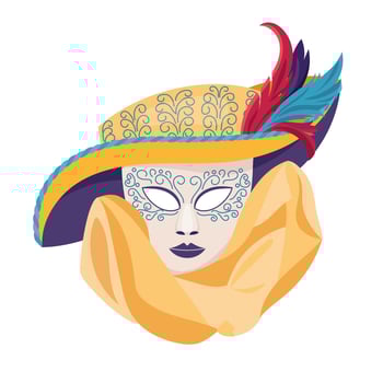 Traditional carnival mask with big hat and veil. Mardi gras holiday masque with ornament. Venetian masquerade party trendy face disguise accessory capturing spirit of celebration. illustration vector