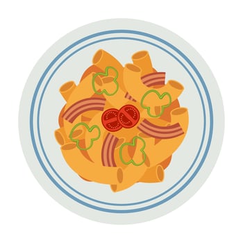 Colorful pasta dishes with various toppings. Flat Illustration. vector