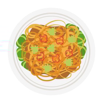 Colorful pasta dishes with various toppings. Flat Illustration. vector