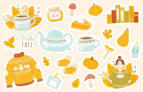Set of cozy autumn stickers with cute seasonal elements - pumpkin, leaves, fall mug with tea or coffee, pumpkin pie, girl in warm sweater, teapot, hello fall, mushrooms, socks, books and so on vector