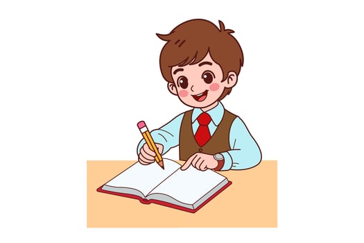 A boy is sitting and doing his homework. illustration in cartoon style. vector