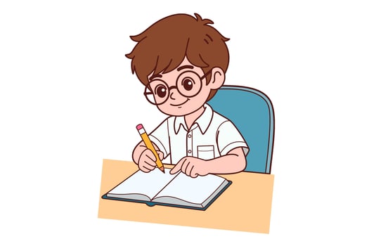 A boy is sitting and doing his homework. Clipart cartoon. vector