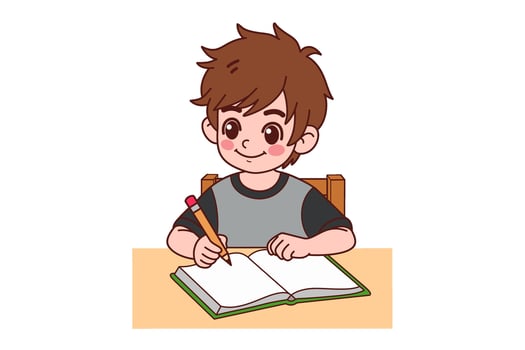 A boy is sitting and doing his homework. illustration. vector