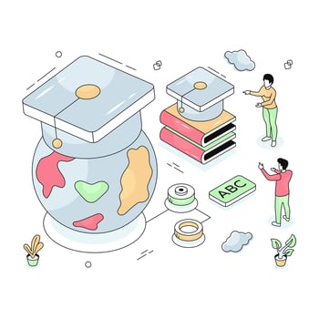 Globe with mortarboard, isometric design of global learning vector