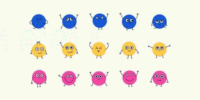 Cartoon faces with emotions, doodle characters in retro groovy funky style. Stickers set of hand drawn round faces vector
