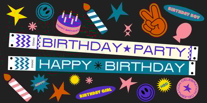 Birthday collection of various patches, labels, tags, stickers, stamps, wristband. cake, candy, holiday, party. Funky hipster stickers in 90s style. set, trendy promo labels vector