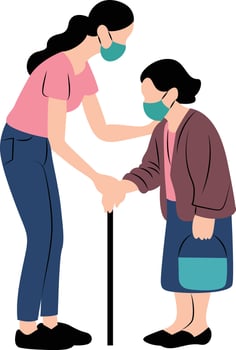 Young woman wearing face mask and taking care of an old woman, International Day of Older Persons vector
