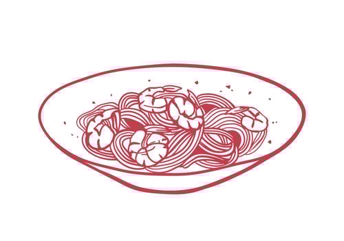 Hand drawn pasta with shrimps on a plate. Italian cuisine illustration in sketch style vector