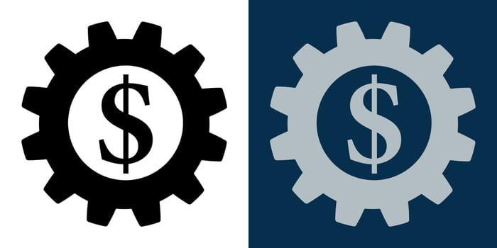 Gear wheel with dollar sign inside it. Banking, finance and business. Engineering price icon. Business development and support vector