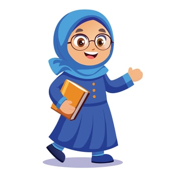 muslim girl in blue hijab and glasses holding a book vector