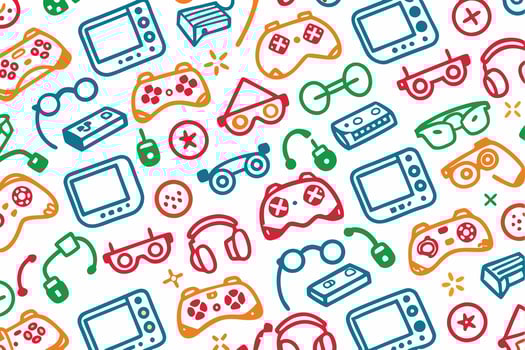 a colorful pattern with various game controllers and other items vector