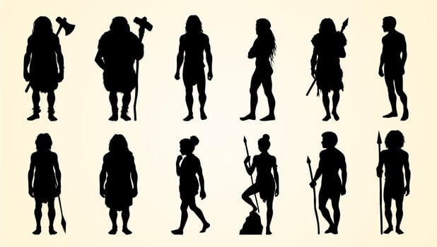 Silhouettes of prehistoric humans with tools and weapons showcasing ancient lifestyles and cultures. vector