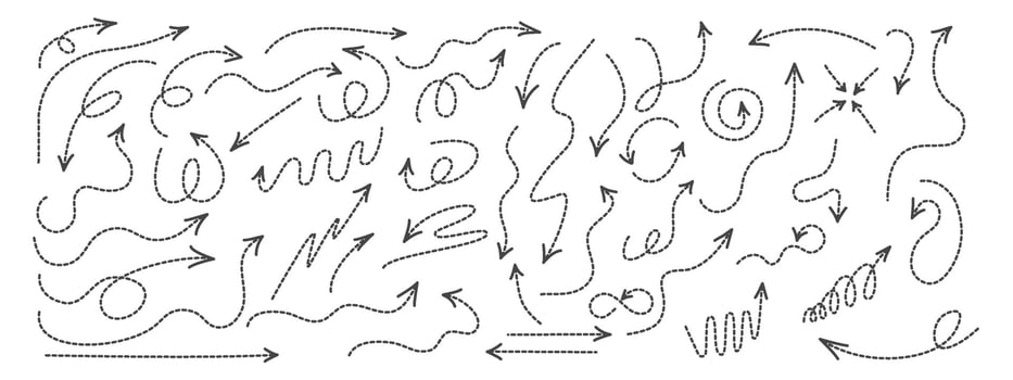 Set of curved arrows with dotted lines. A collection of zigzag arrows with dotted lines, curved pointers indicating a complex path . design vector