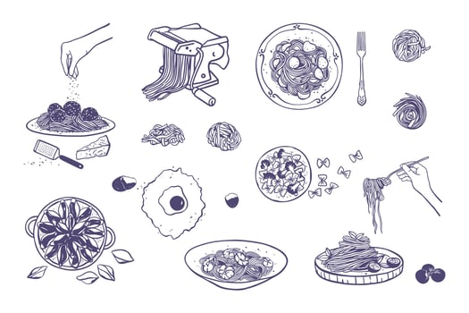 Set of different Italian pasta and pasta making machine. Hand drawn illustration of Italian cuisine elements vector