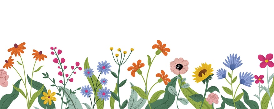 Floral border with flowers on a summer, spring field. Botanical decor with blooming meadow flowers, garden plants, and greenery. Wildflowers and grass in a flat style. vector