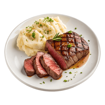 plate of steak with mashed potatoes high-quality transparent image, ideal for menus, food concepts, png