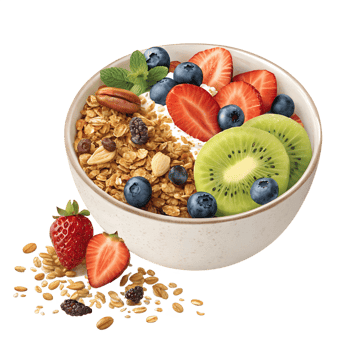 bowl of granola with fresh fruits high-quality transparent image, ideal for menus, food concepts, png