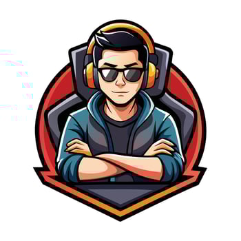 a man wearing headphones and sunglasses is sitting in front of a computer vector
