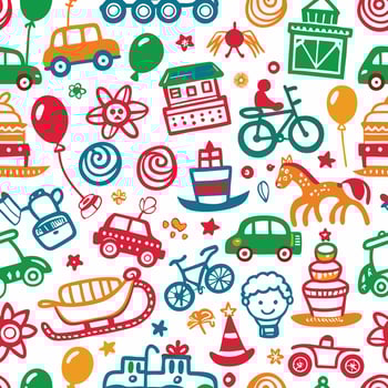 a colorful pattern with various toys and vehicles vector
