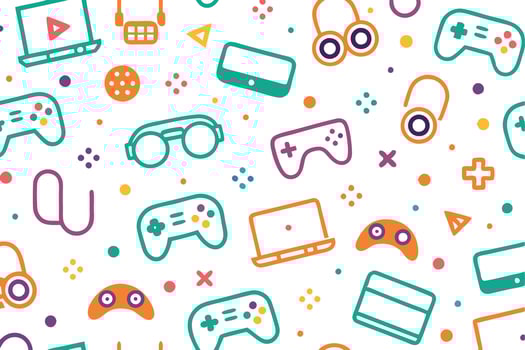 a colorful pattern with game controllers and other items vector