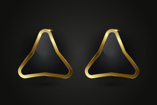 A unique triangular button with rounded edges, featuring a sleek black interior and a polished gold outline accented with a sparkling highlight vector