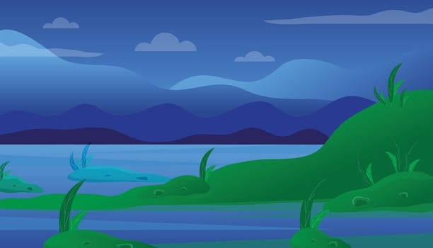 Beautiful landscape of mountain, sky and water with green nature around illustration. vector