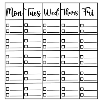 Weekly planner template, Black and white printable weekly template png