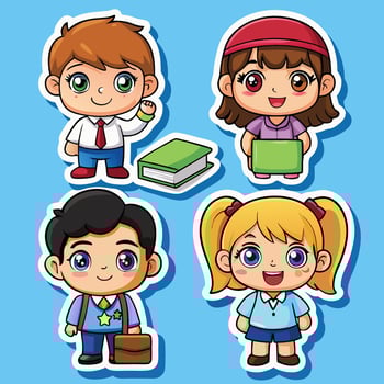 stickers of children with books and school bags vector