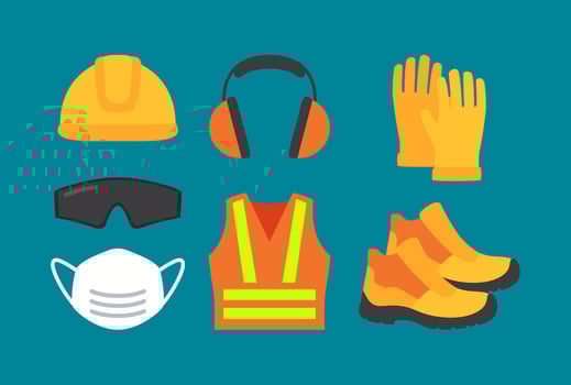 Safety first equipment. helmet, earmuffs, fire extinguisher, tools, safety boots, high visibility vest vector