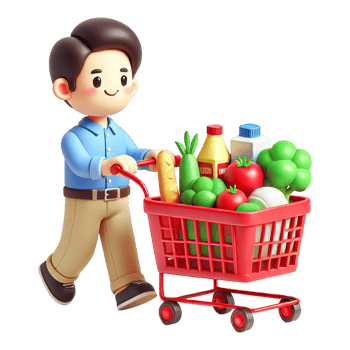 A man pushing a shopping cart with groceries png